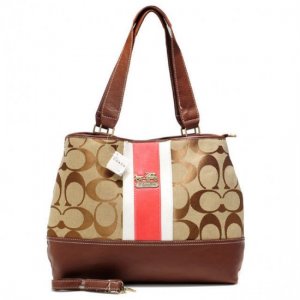 Coach Hamptons Weekend Signature Stripe Large Khaki Totes AEZ